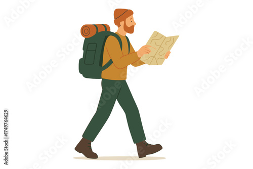 Bearded man with backpack studies paper map while walking outdoors