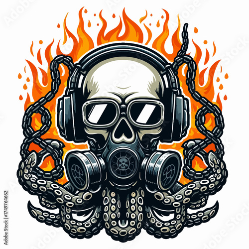 A skull wearing headphones and a gas mask, surrounded by tentacles and flames, symbolizing a dark and intense theme.
