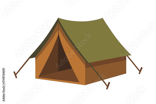 Traditional canvas camping tent with olive green roof and brown body