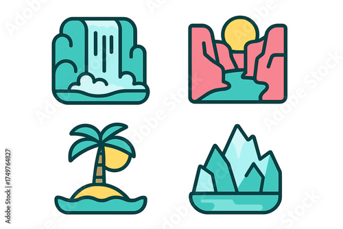 Four colorful nature landscape icons: waterfall, canyon, island, and iceberg