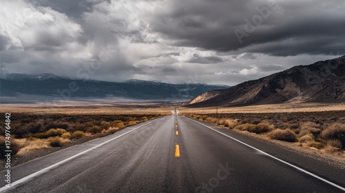 Moody overcast sky over an expansive empty roadway with atmospheric depth.