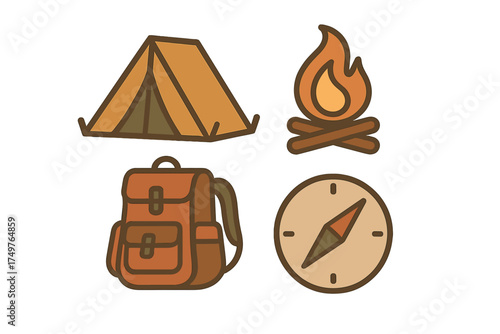 Camping icons set featuring tent backpack campfire and navigation compass