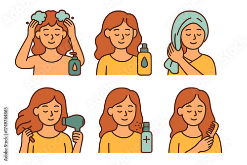 Woman performing sequential steps for hair washing and styling routine