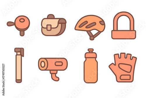 Essential cycling accessories icons in warm color palette