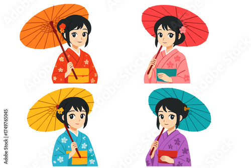 Four young women in colorful kimonos holding traditional Japanese umbrellas