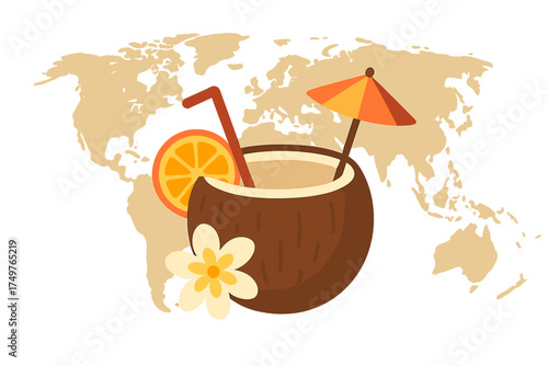 Tropical coconut drink with paper umbrella and orange slice against world map background