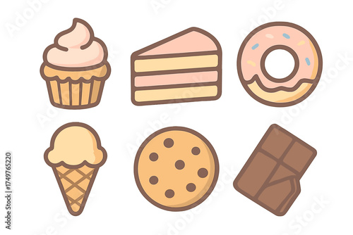 Collection of sweet dessert icons featuring cake slice, donut, cupcake, and ice cream