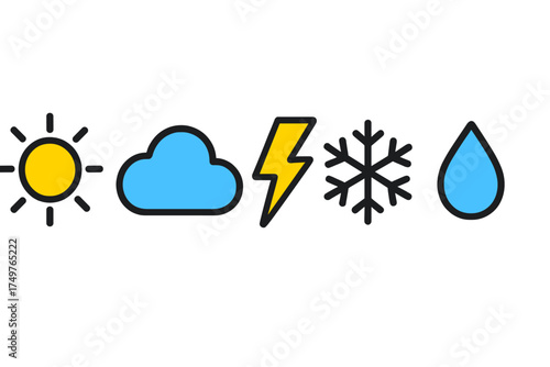 Basic weather condition icons: sun, cloud, lightning, snowflake, and water drop