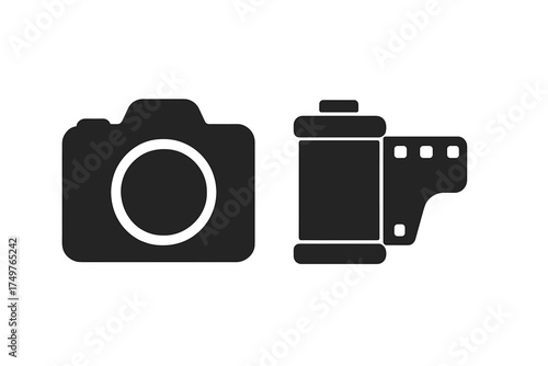 Minimalist black and white icons of a camera and film roll