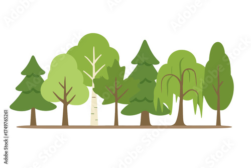 Stylized green deciduous and coniferous trees arranged in a row