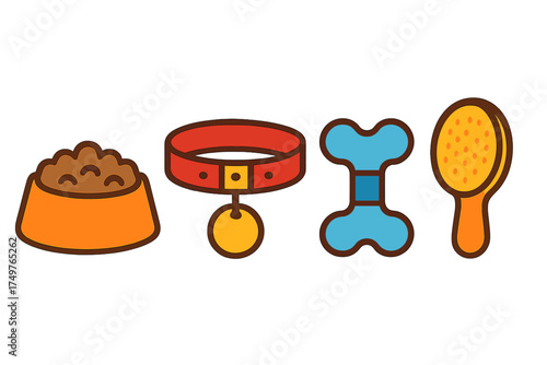 Colorful icons for pet care and accessories like bowl, collar, bone, and brush