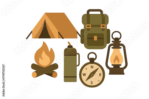 Essential outdoor adventure gear collection featuring tent and campfire