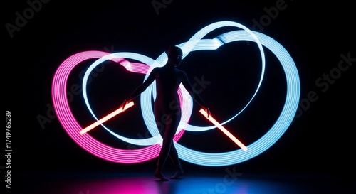 Wallpaper Mural Light performance with glowing hoops and illuminated batons in vibrant colors. Artistry showcases skilled movement and dynamic shapes creating stunning visual display. Torontodigital.ca