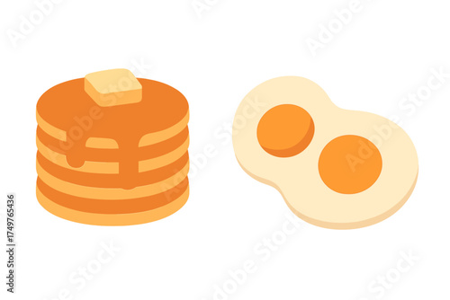 Stack of pancakes with butter syrup and fried eggs for breakfast