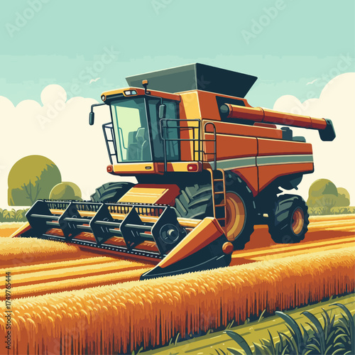 A large orange combine harvester is actively harvesting a field of golden wheat under a bright blue sky with fluffy clouds.