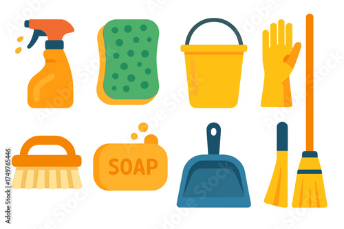 Colorful icons of essential cleaning supplies and household chore tools