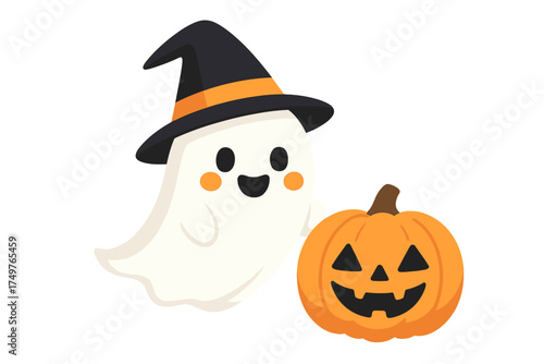 Cheerful cartoon ghost character beside carved jack o lantern