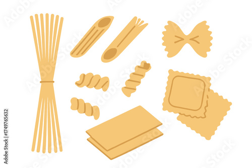 Assortment of dry pasta shapes including spaghetti, penne, farfalle, and ravioli
