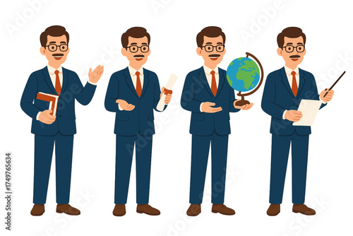 Male teacher professor character set with book globe and pointer