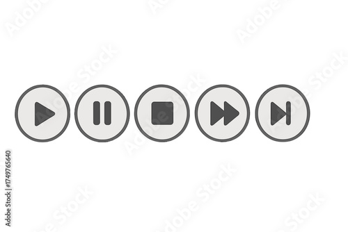 Five circular media player control icons for playback navigation