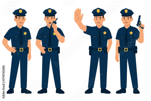 Four male police officers in uniform with various poses and equipment