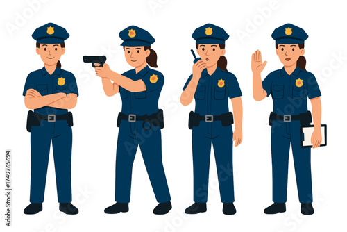 Female law enforcement officers in dynamic action poses with uniform and equipment