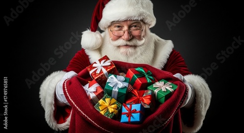 Santa holding festive gifts in red bag ready for holiday celebrations. Christmas gifts wrapped in colorful paper bring joy and excitement for holiday festivities.