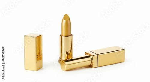 Elegant gold lipstick bullet and case on white background