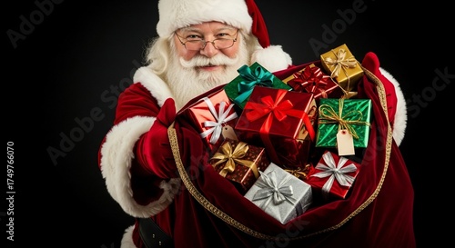 Santa Claus holding festive Christmas gifts in red sack, surrounded by colorful wrapped presents showcasing vibrant ribbons and bows.