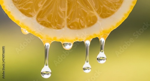 Fresh lemon slice with juicy drops on vibrant background. Lemon slice features dripping juice, showcasing freshness and zestiness. Concept lemon for culinary uses, refreshing drinks,
