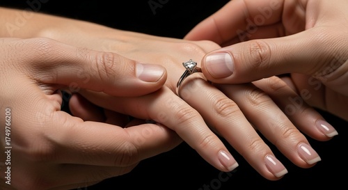 Engagement ring being placed on finger during romantic moment with couple. Close-up shows beautiful ring on hand, symbolizing love and commitment in relationship.