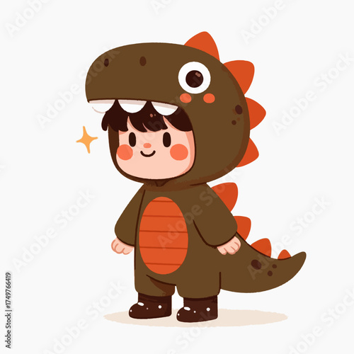 Cute cartoon child in a brown and orange dinosaur costume with a sparkle on a white background.