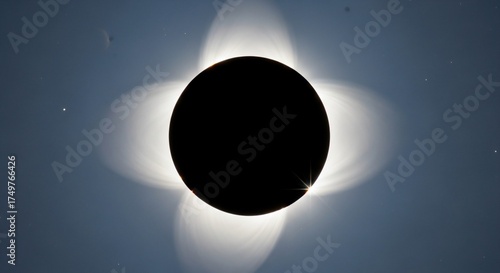 Solar eclipse captured against blue sky showcasing intricate corona and celestial phenomena. Solar eclipse displays stunning solar corona with radiant light patterns around black silhouette.