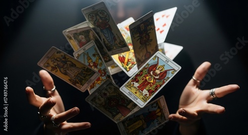Tarot card reading with mystical hands throwing cards in the air. Tarot card setup includes various cards displaying rich illustrations and symbols.