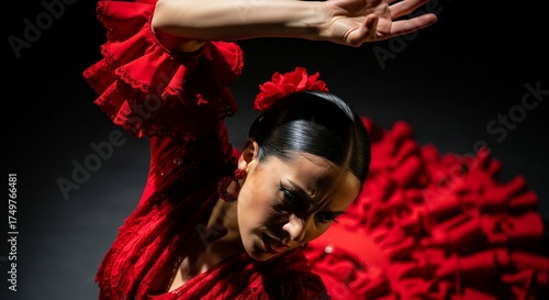 Flamenco dancer in vibrant red dress performing with passion and grace, showcasing intricate movements and expressive gestures.