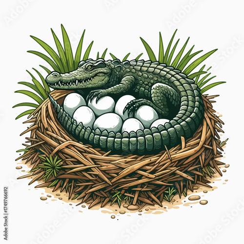 A cartoon illustration of a green alligator guarding its nest filled with white eggs, surrounded by green grass.