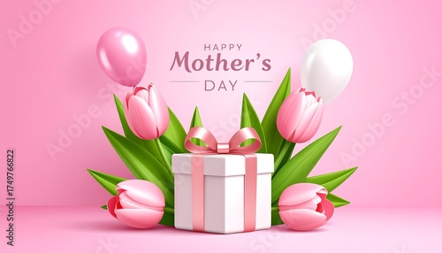 A celebratory scene with tulips, balloons, and a wrapped gift box arranged on a gradient pink backdrop. Text spells 