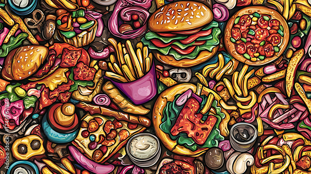 Naklejka premium A colorful and detailed drawing of various foods, including pizza, hamburgers