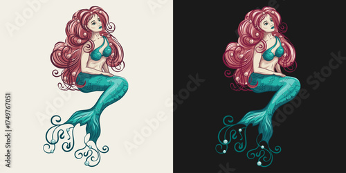 Whimsical beautiful mermaid with flowing, curly red hair and dreamy expression. Pearls are woven into hair and tail. Sense of underwater fantasy and marine enchantment