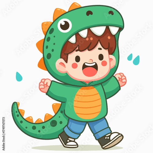 A happy cartoon boy in a green dinosaur costume running with sweat drops.