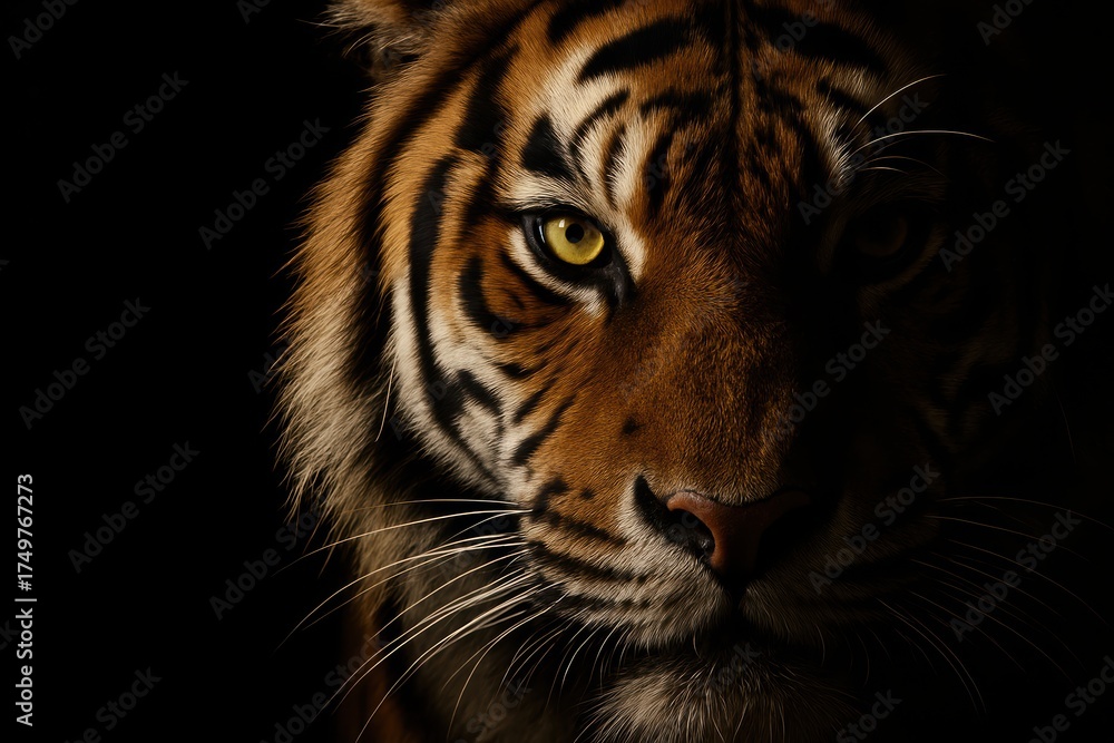Fototapeta premium Striking Tiger Portrait: A majestic tiger emerges from the shadows, its intense gaze and detailed stripes captivating the viewer. This powerful portrait captures the essence of the wild.