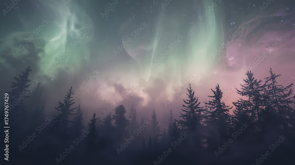 Fototapeta premium The Northern Lights Over a Silhouette of a Pine Forest