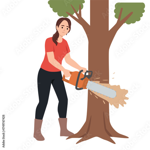 Woman Cutting Tree with Chainsaw. Flat vector illustration isolated on white background
