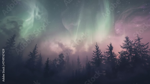 The Northern Lights Over a Silhouette of a Pine Forest