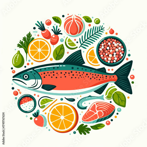 A vibrant circular illustration of a whole salmon surrounded by fresh ingredients like citrus, herbs, and spices.