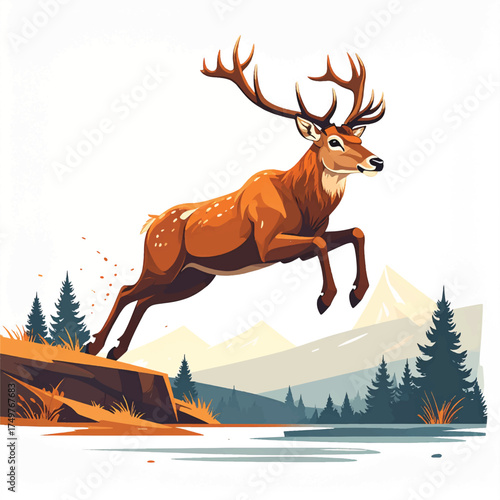Illustration of a leaping deer with large antlers over a body of water and mountainous landscape