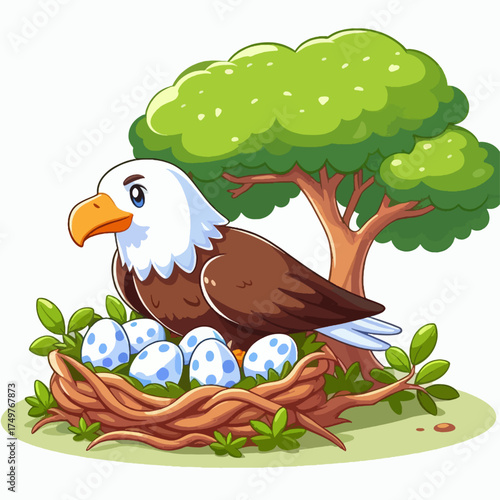 A cute cartoon bald eagle sitting protectively in its nest with several blue spotted eggs under a green tree.