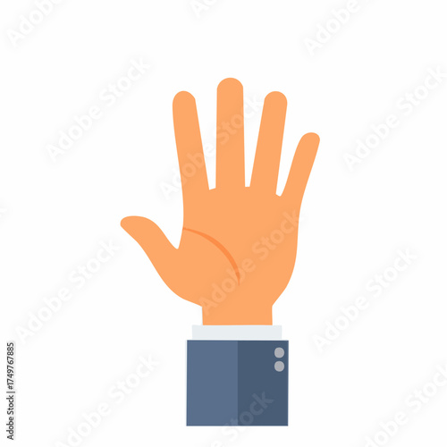 Business professional hand open showing five fingers with blue suit cuff