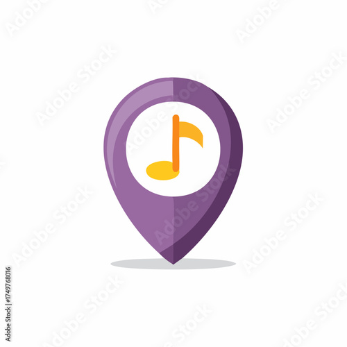 Purple map marker with a musical note symbol inside for locating music events