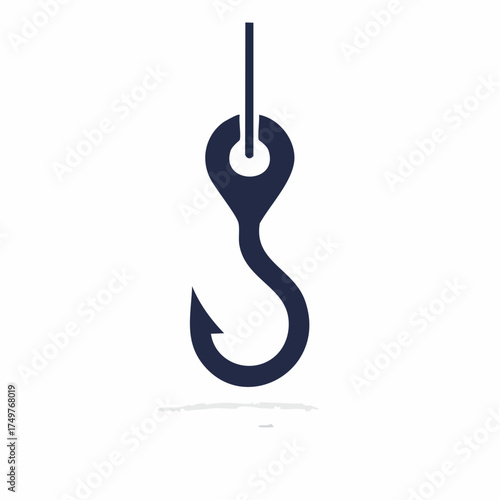 Sleek dark blue crane hook graphic suspended in clean white space with subtle shadow